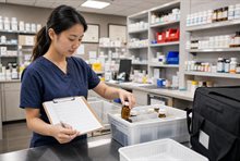 Pharmacy technician checking a standing order list against a delivery tote.