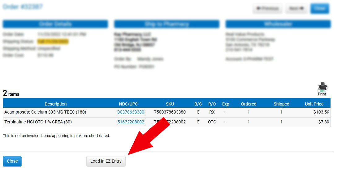 Order History showing new Load in EZ Entry button